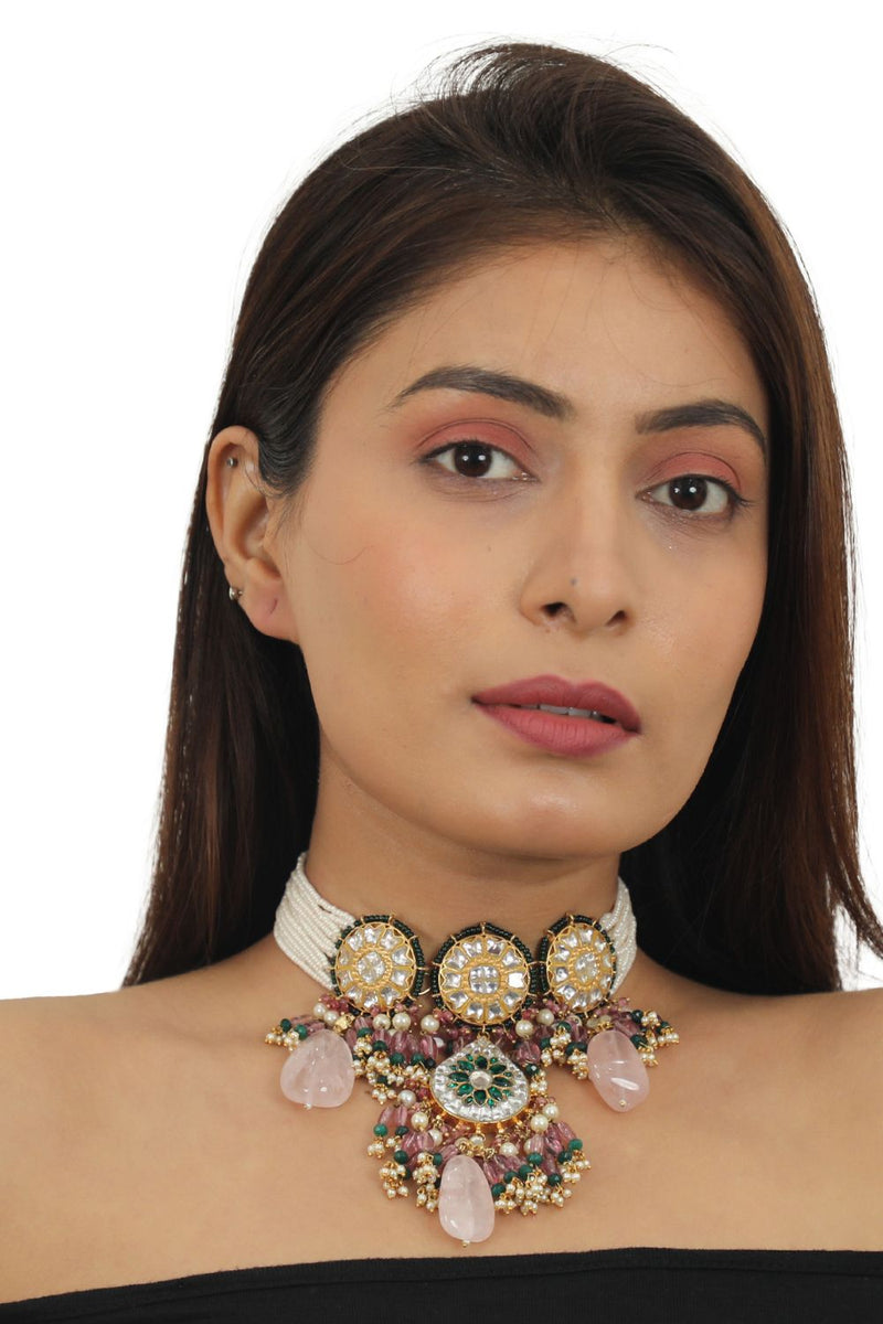 WHITE AND GREEN STONE CHOKER SET  WITH GREEN MOTI WORK BEADDED LIGHT PINK BEADS