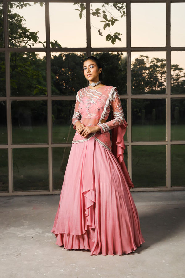 Cashmere rose pink pre stitched  drape saree set