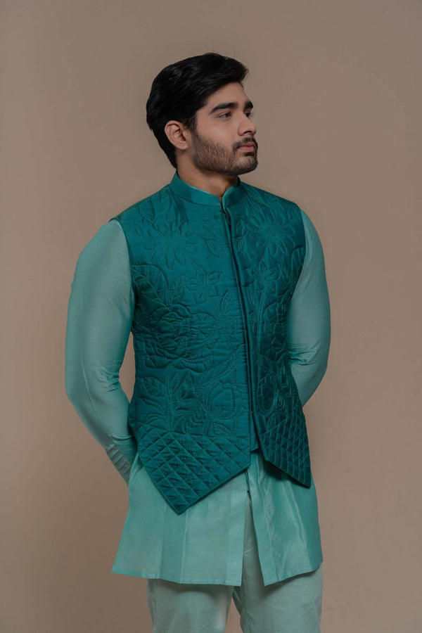 TURQUOISE HANDQUILTED SILK HALF JACKET