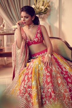 Multicoloured Raw Silk Lehenga