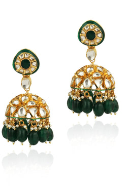 GREEN MEENAWORK JHUMKI WITH GREEN BEADS