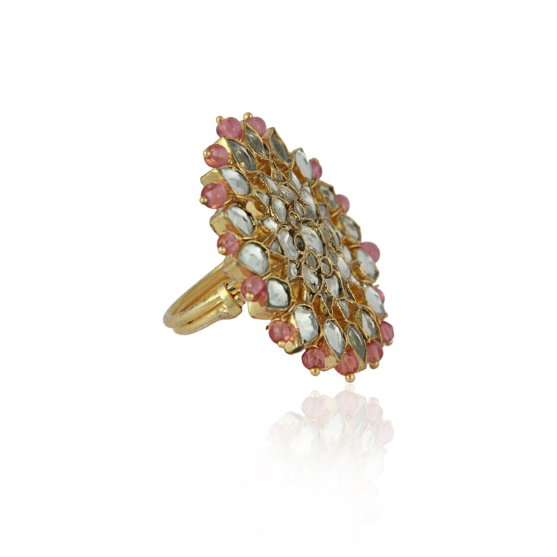 WHITE JADTAR AND LIGHT PINK BEADS FLORAL RING