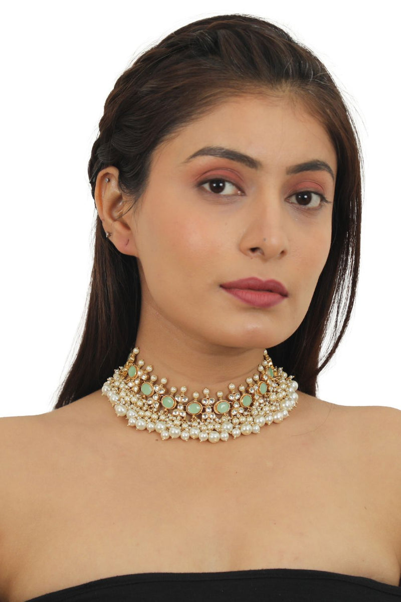 LIGHT GREEN CHOKER SET WITH WHITE PEARL
