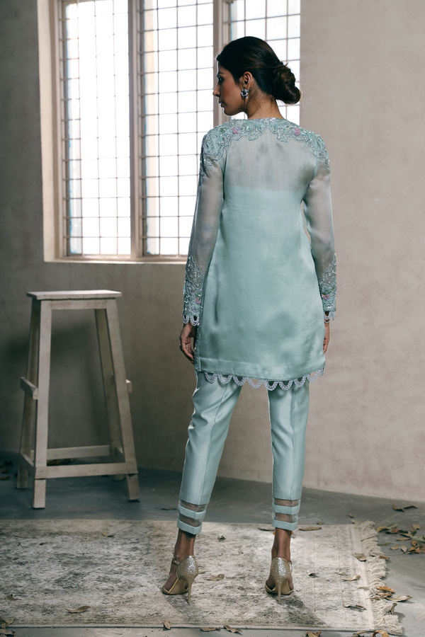 Mint Organza Hand Embroidered tunic with pants set