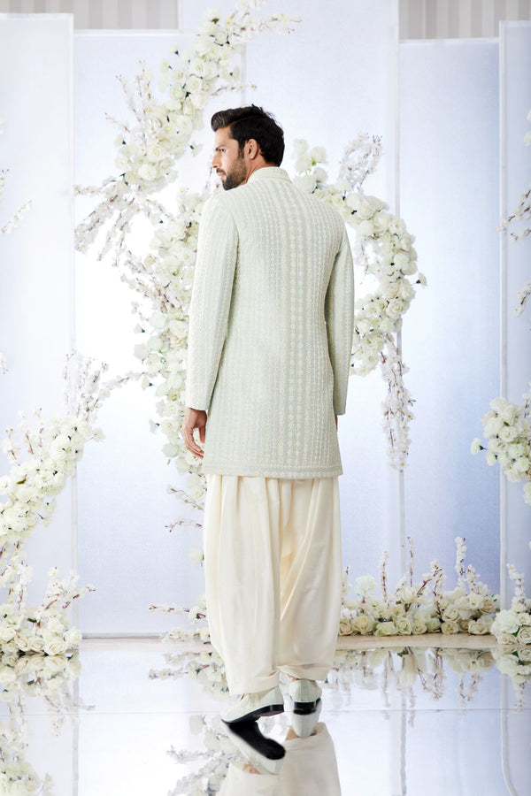 Sage Green Pearl Short Sherwani Set