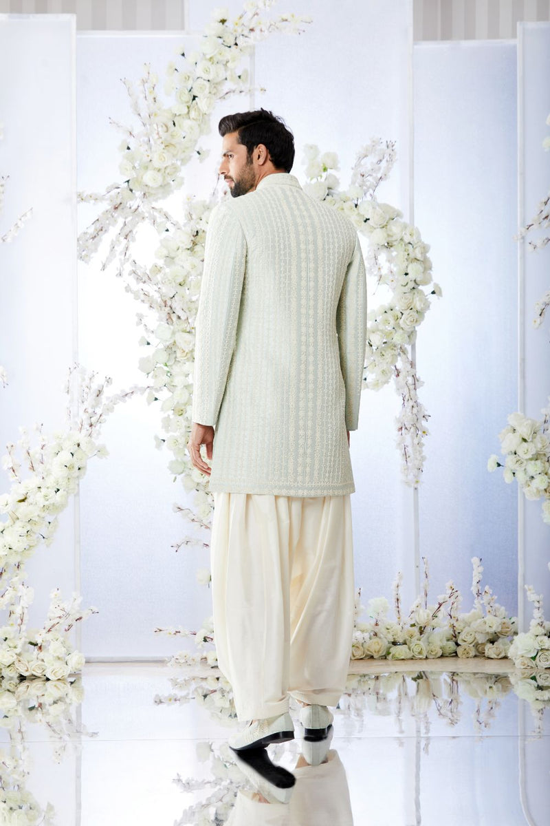 Sage Green Pearl Short Sherwani Set