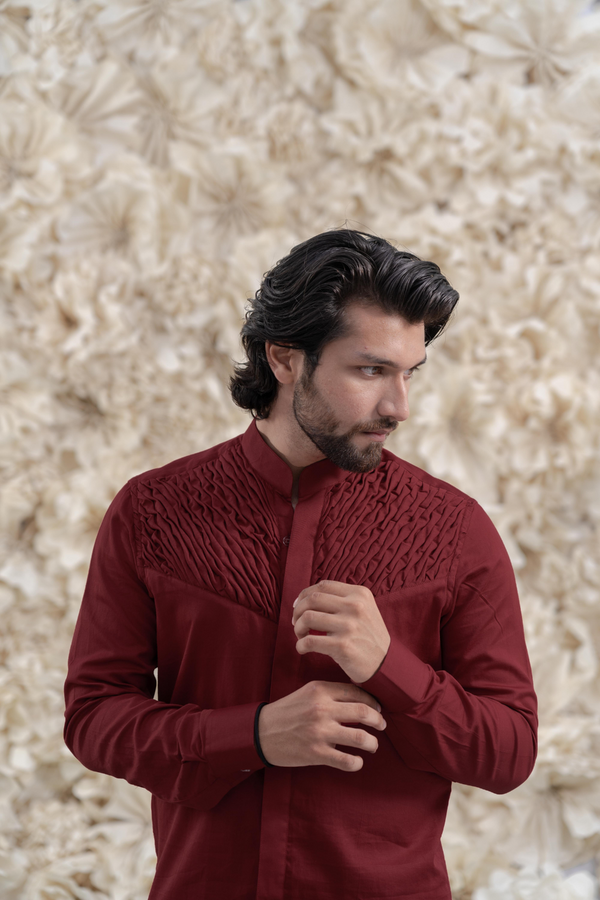 MAROON SMOCKING SHORT KURTA/TUXEDO SHIRT