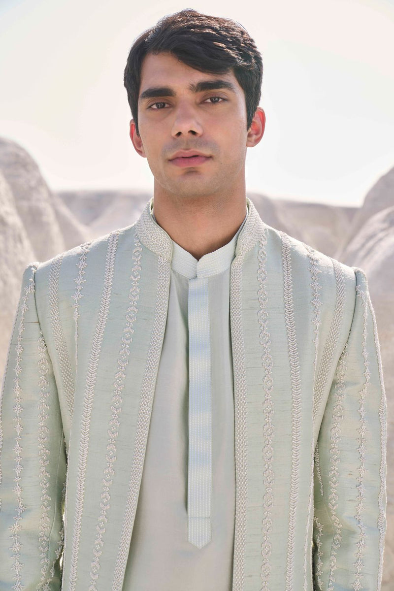 Sea Green Pearl Open Sherwani Set