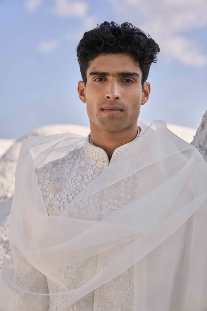 Off-White Three Dimensional Floral Sherwani Set