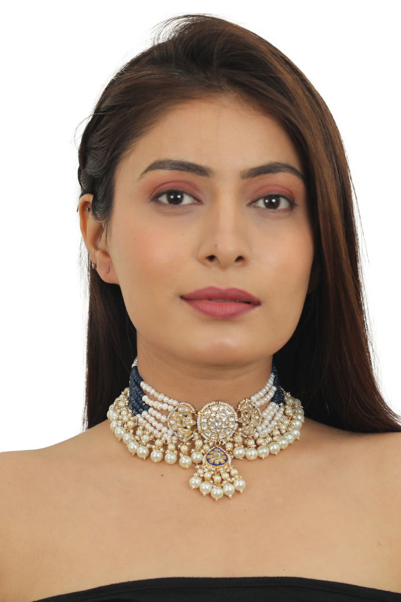 BLUE MEENAWORK CHOKER SET WITH WHITE PEARL