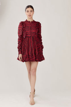 RED ABSTRACT PRINT FRILL SHORT DRESS