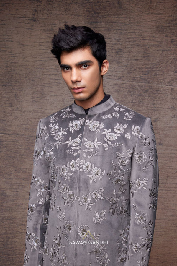 GREY VELVET RESHAM WORK SHERWANI