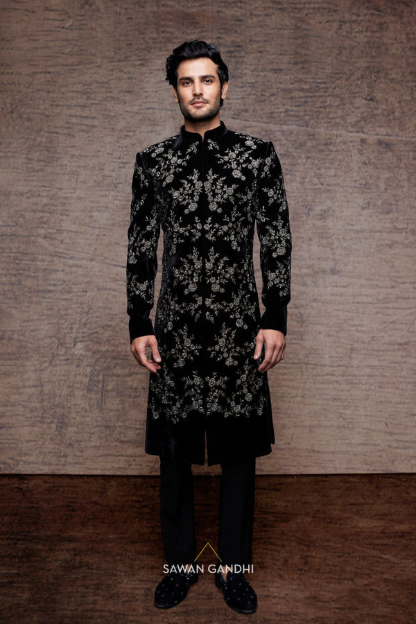 BLACK VELVET SHERWANI WITH CUTDANA WORK