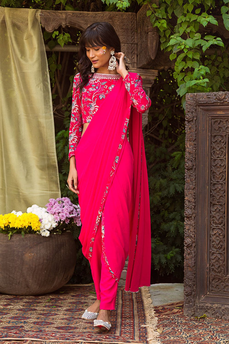 Red Printed Blouse With Pink Pant Saree