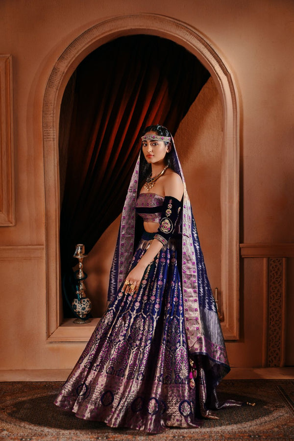 Gulab Pash Ink Blue Banarasi Handwoven Lehenga