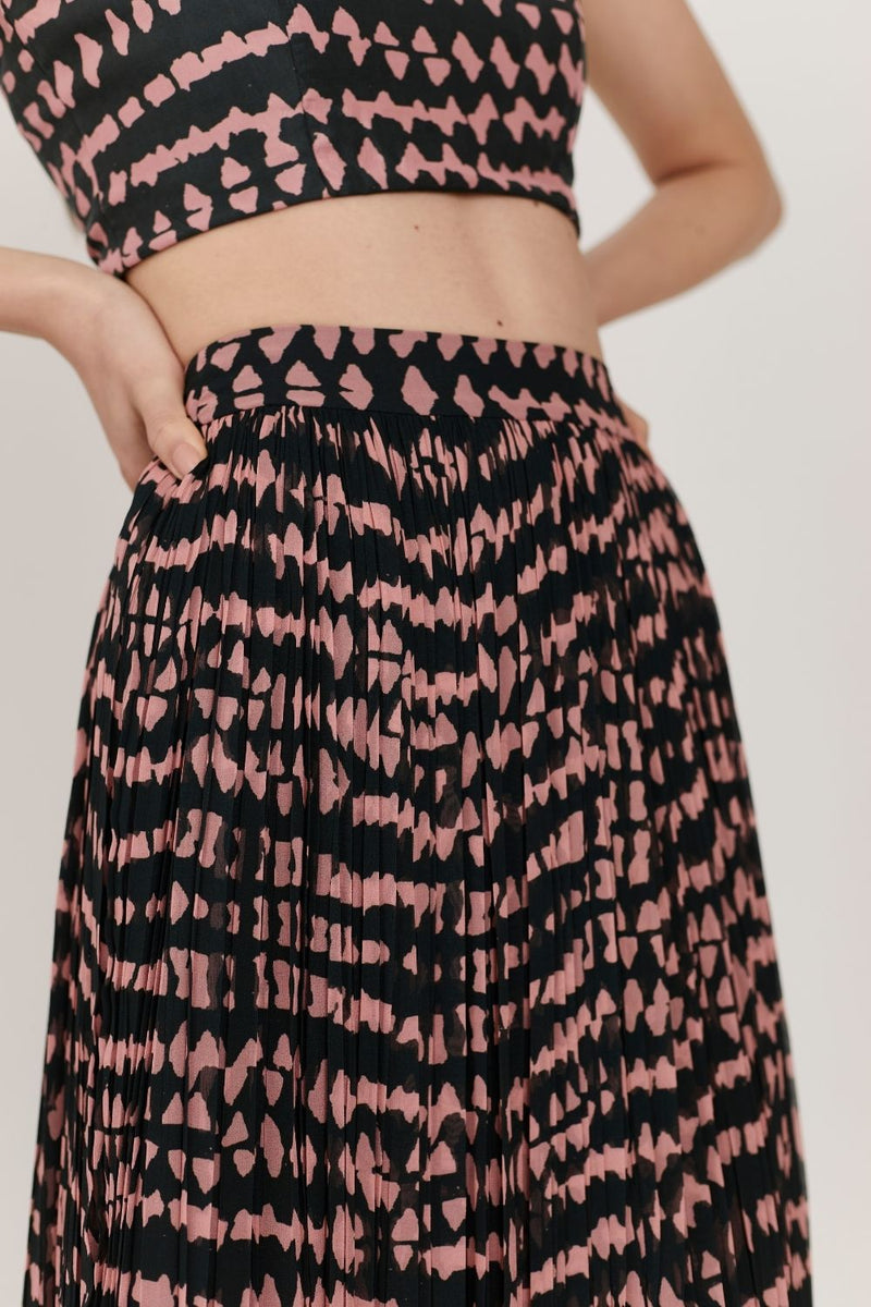 DARK GREEN AND PINK ABSTRACT PLEATED SKIRT