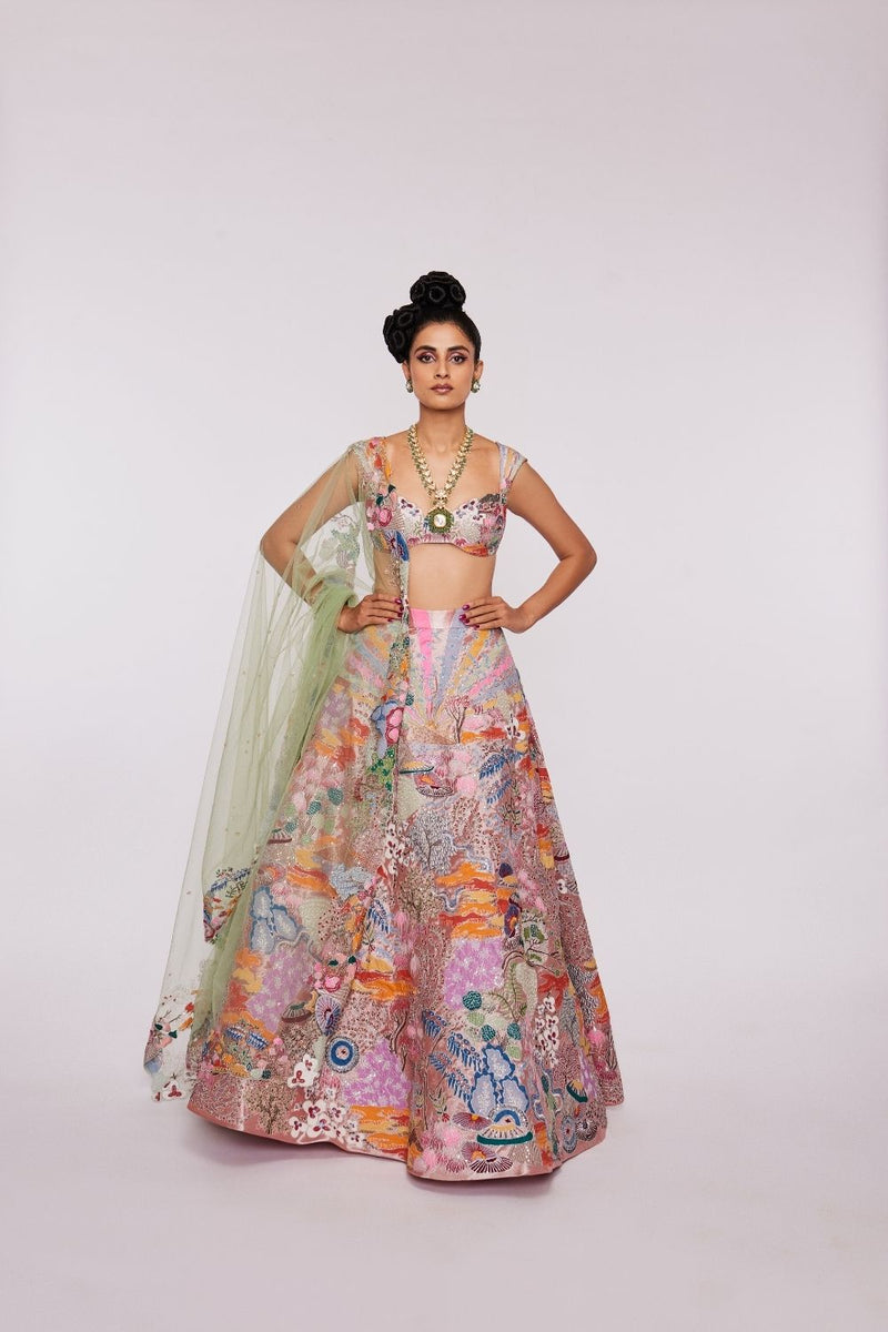Peach Divergence Tissue appliqued and embellished heavy kali lehenga with blouse  and  dupatta