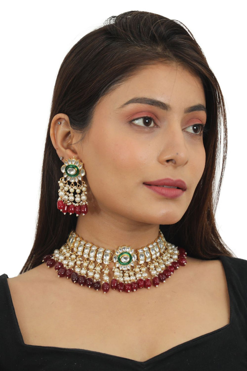 RED BEADS WITH GREEN MEENAKARI WHITE JADTAR  CHOKER SET