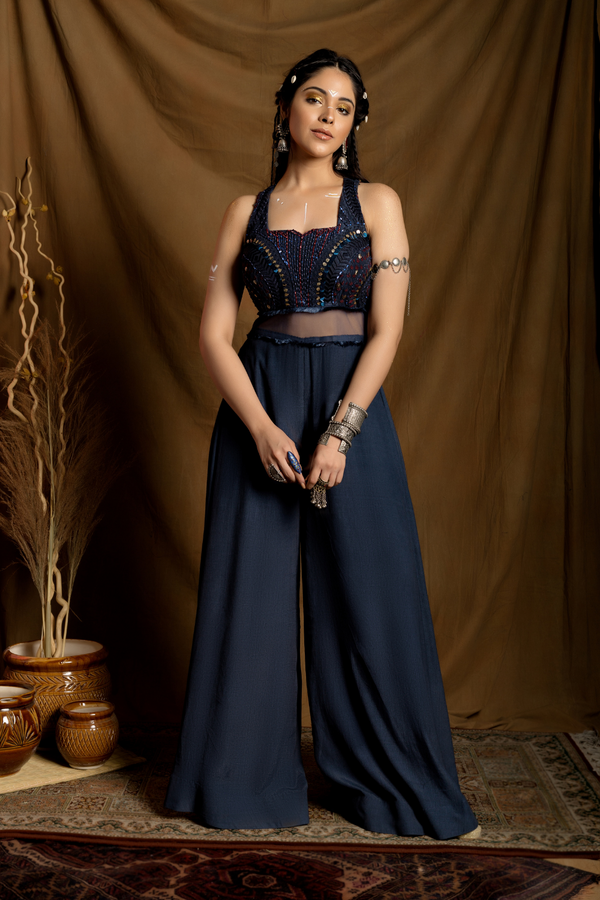 Navy blue embroidered jumpsuit with sheer back