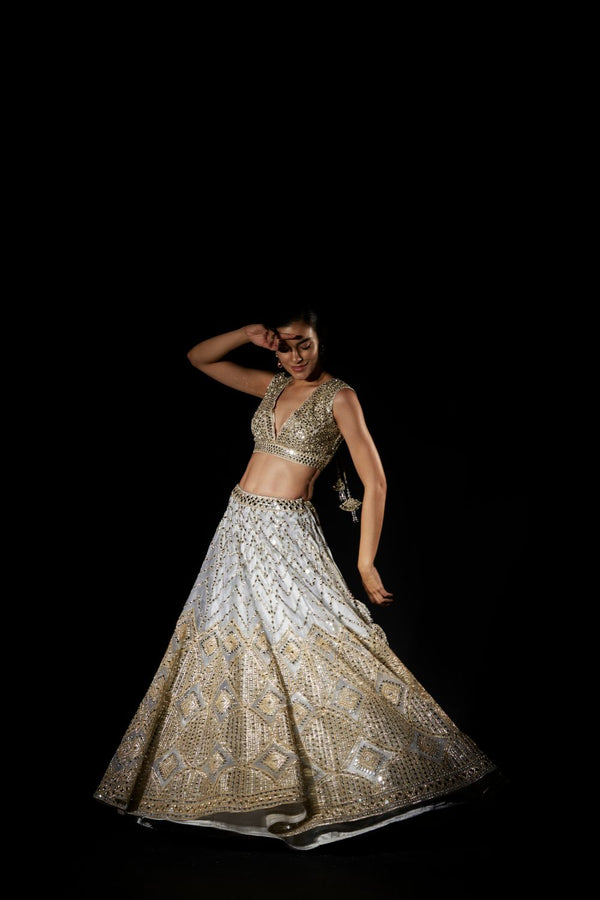 Grey Organza Mirror Work Lehenga Set