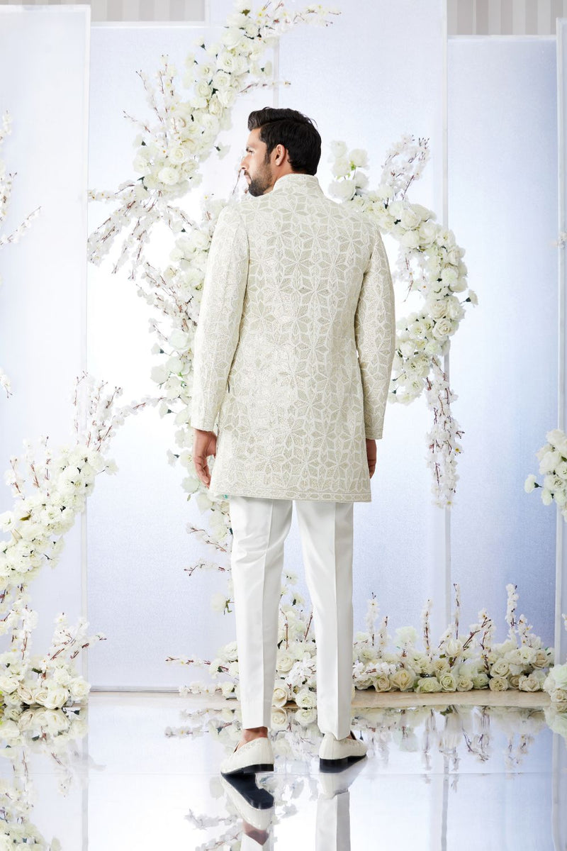 Anique Silver Open Short Sherwani Set