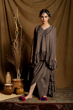 Mouse grey high-low cape with wrap around skirt