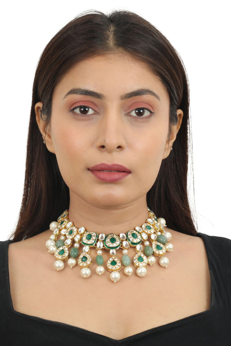 GREEN MEENAKARI NECKLACE SET WITH WHITE PEARL