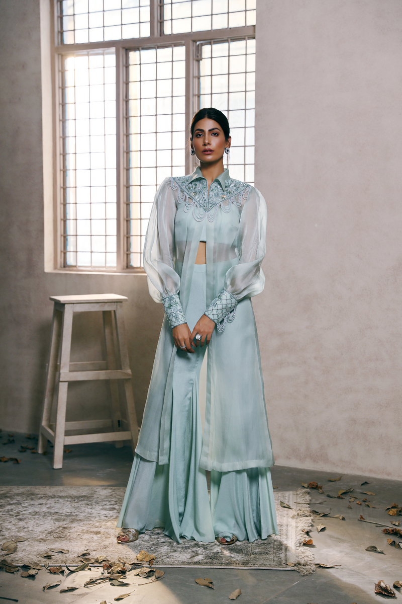 Mint Organza long Cape with Flare cut Bell Bottom Pants set