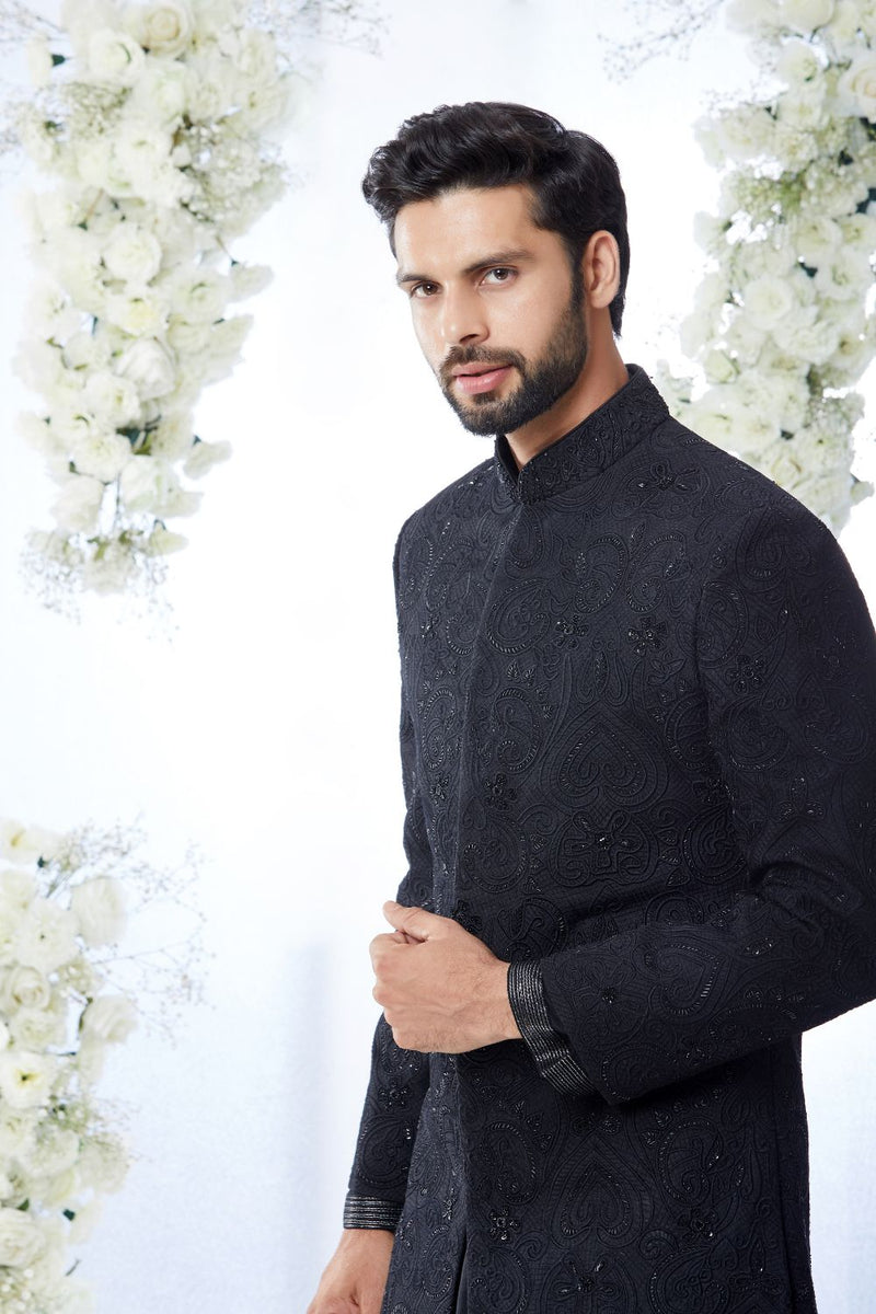 Black on Black Short Sherwani Set