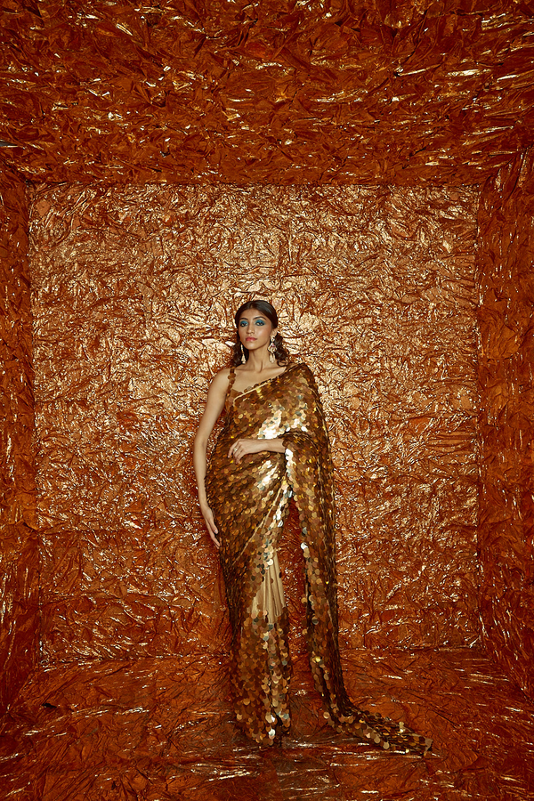 Golden Sequin Hand-Embroidered Saree with Blouse and Petticoat