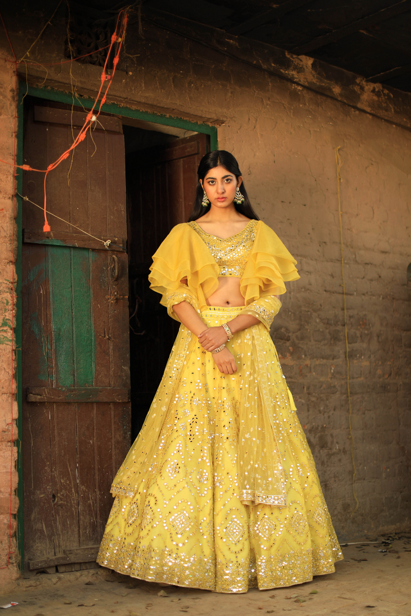 Bright Yellow Organza Lehenga Set