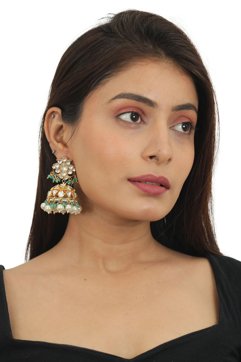 WHITE STONE NECKALCE WITH JHUMKI  SEA GREEN HANGINGS AND PEARL