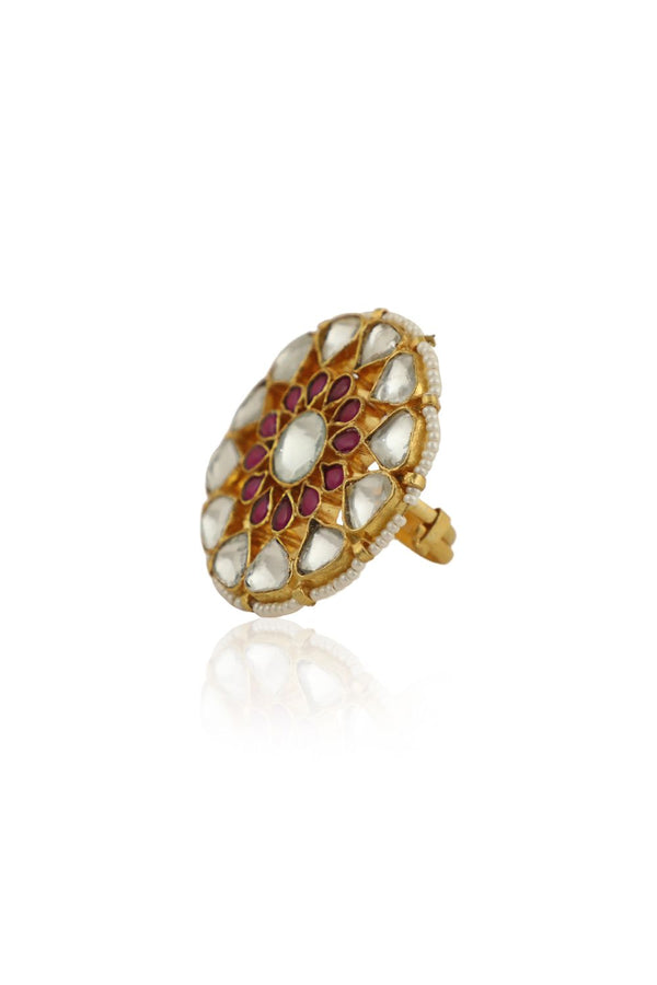 WHITE AND PINK STONE JADTAR RING