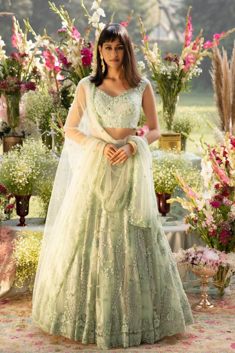 Mint Green Embroidered Net Lehenga Set