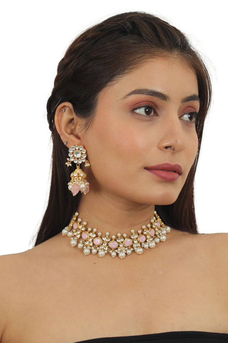 LIGHT PINK CHOKER SET WITH WHITE PEARL