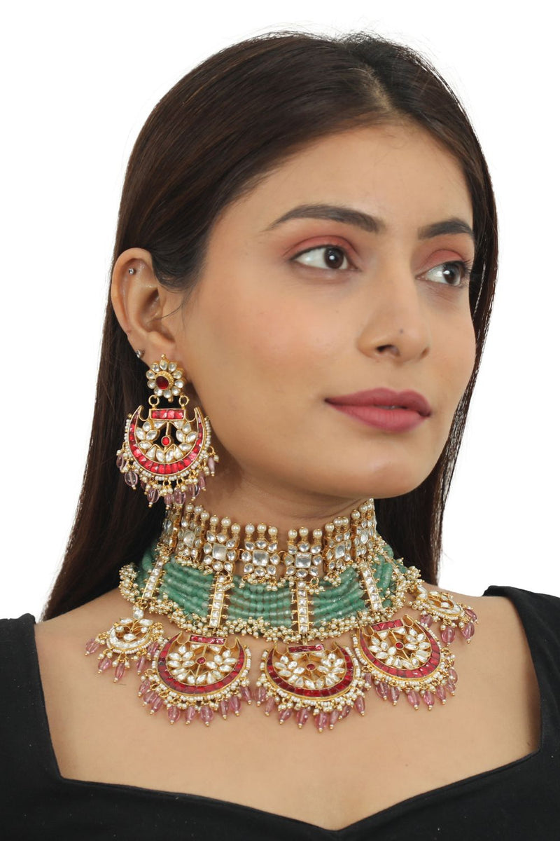 SEA GREEN MOTIWORK WITH RED BRIDAL NECKLACE SET