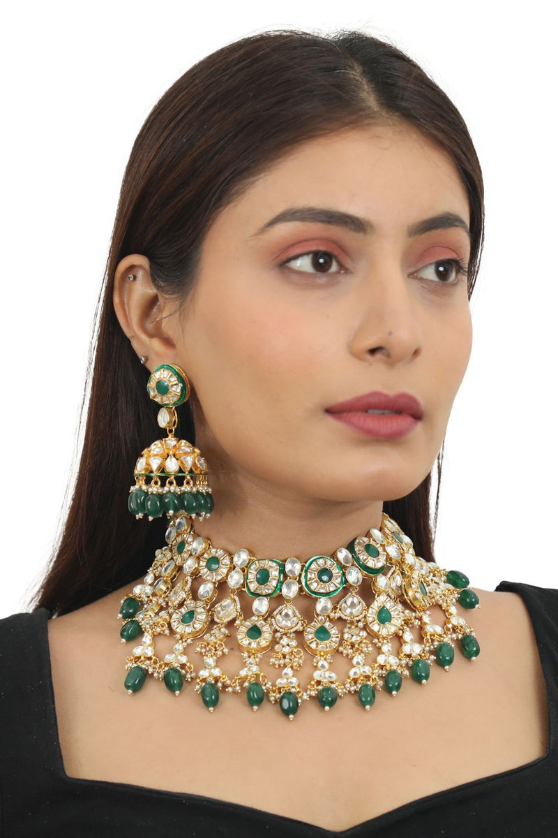 GREEN MEENAKARI DOUBLE LAYERED NECKLACE SET