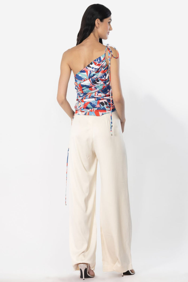 SATIN PRINTED OFF SHOULDER ROOSHED TOP WITH DUST SATIN PANTS