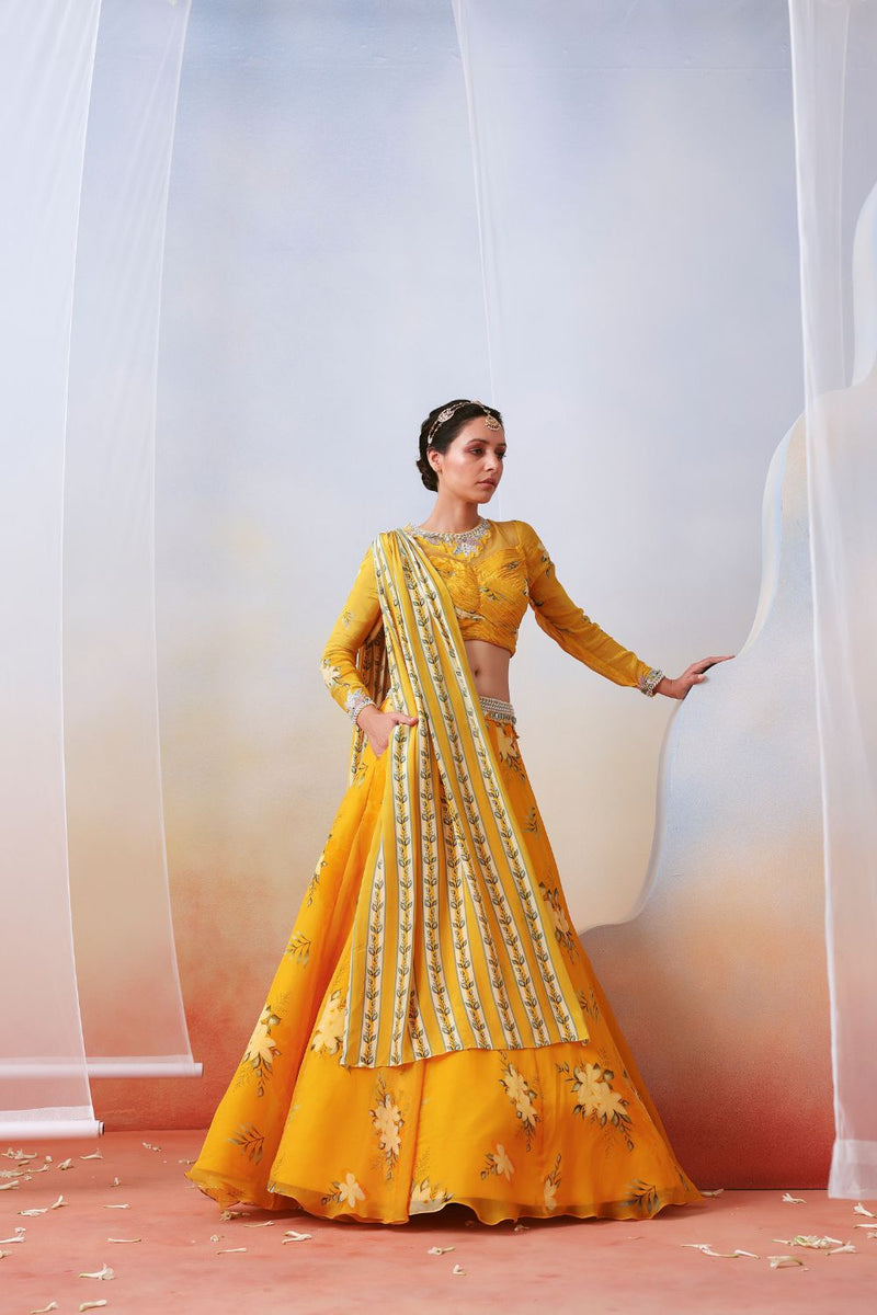 Yellow Printed Embroidered Lehenga Set