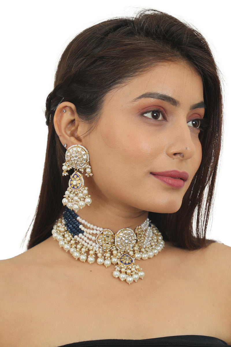 BLUE MEENAWORK CHOKER SET WITH WHITE PEARL