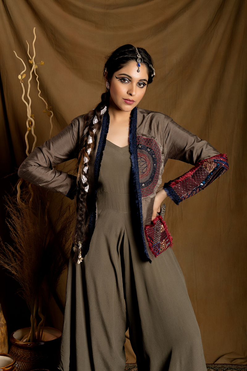 Mouse grey embroidered patch work jacket with dhoti style jumpsuit