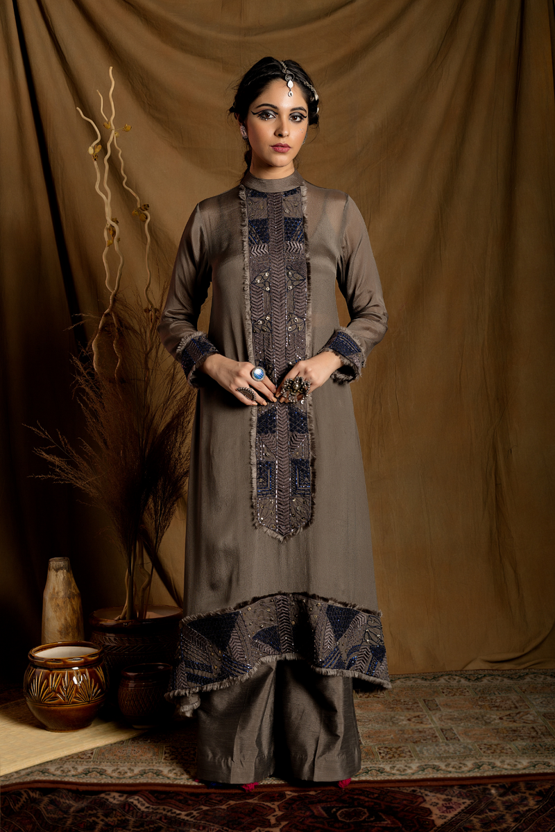See through kurta with long embroidered trail layered over bustier and pants