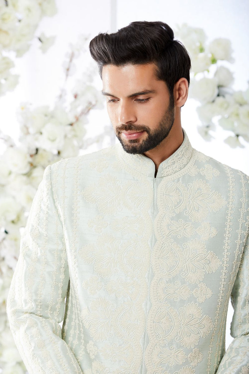 Sage Green Pearl Short Sherwani Set