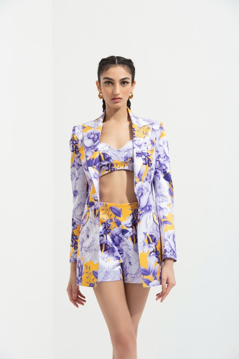 Sumire printed jacket paired with bustier and shorts