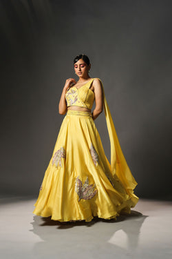 Daffodil organza silk lehenga set with  draped blouse