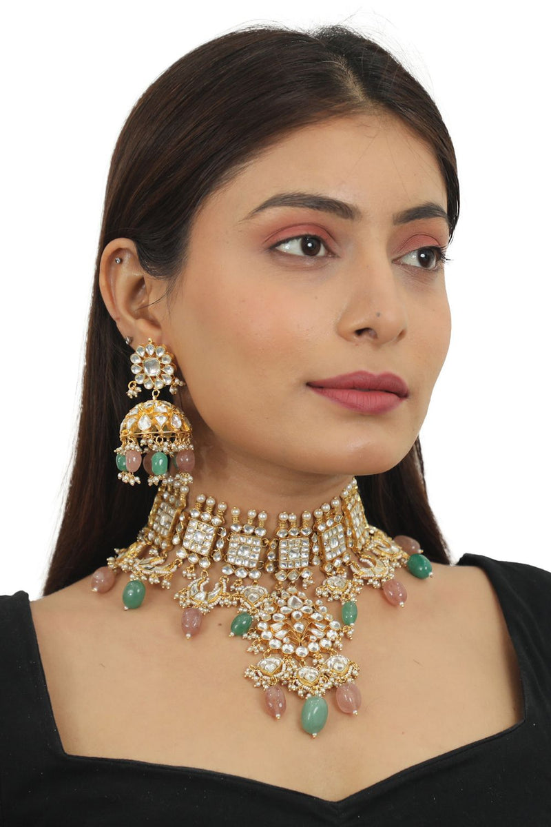 PASTEL PINK AND SEA GREEN  HEAVY NECKLACE  WITH JHUMKI