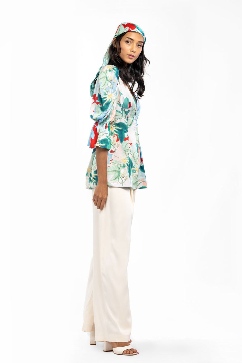SATIN PRINTED PLETED TOP WITH IVORY DUST SATIN PLEATED PANTS