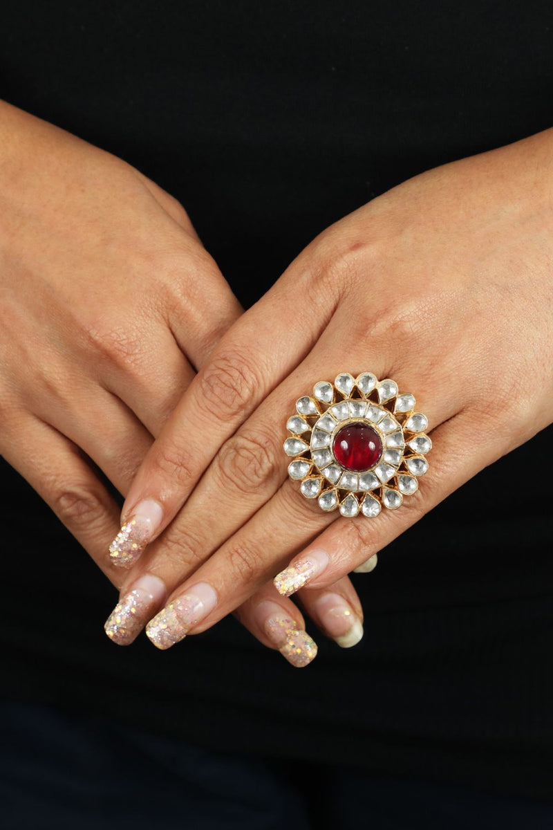 WHITE  JADTAR RING WITH PINK CENTER
