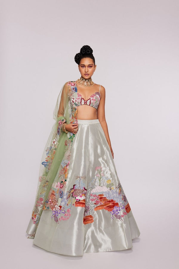 Ivory Divergence Tissue appliqued and embellished MK lehenga And blouse with thin dupatta