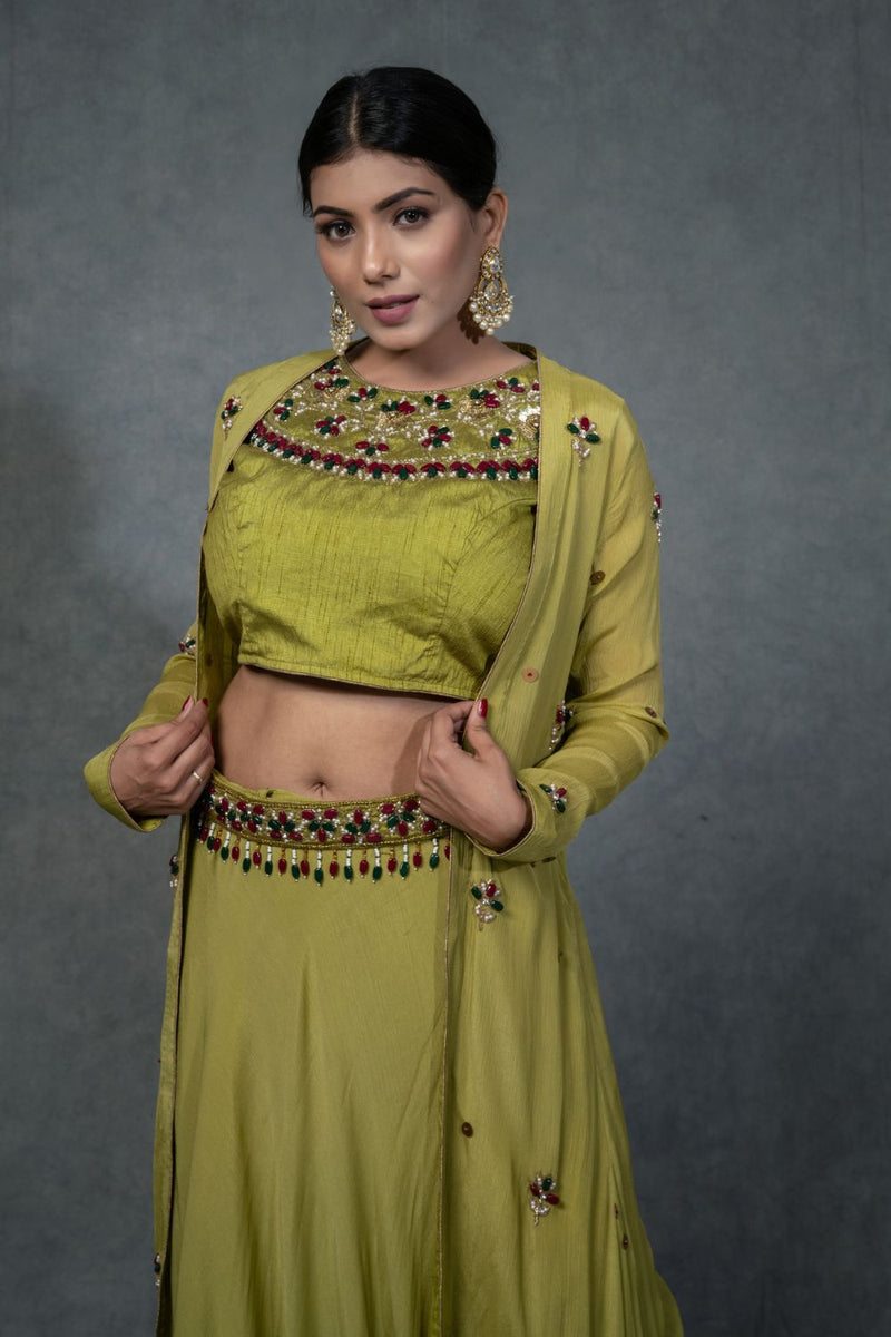 4 piece hand embroidered crop top skirt shrug set with belt
